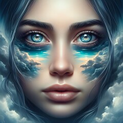 Piercing Gaze: Surreal Girl Portrait with Lake Eyes