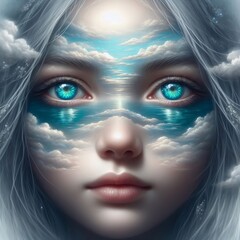 Piercing Gaze: Surreal Girl Portrait with Lake Eyes