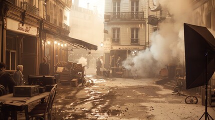 A film set with a Parisian street backdrop and smoke machines.