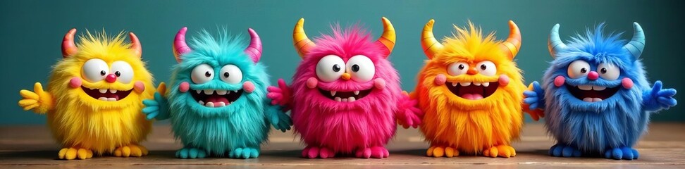 Fototapeta premium Colorful fluffy monsters with big eyes and goofy smiles in a playful pose, cute creatures, furry