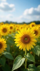 Fototapeta premium Golden sunflowers stretch to the horizon, vibrant under a clear sky , stock, bloom, flora