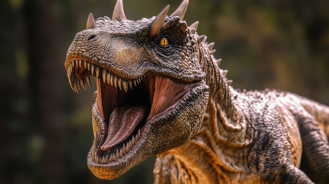 A fierce ceratosaurus roaring, its sharp horns and scaly texture catching the soft rim light, detailed reptilian features