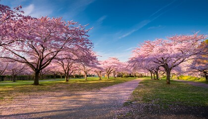 Obraz premium Cherry blossom trees in full bloom, pink petals gently falling to the ground in a serene park. The soft pastel colors create a peaceful and calming atmosphere, marking the beauty of spring. 