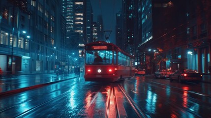 Fototapeta premium Night City Tram Ride: Neon Lights and Rain