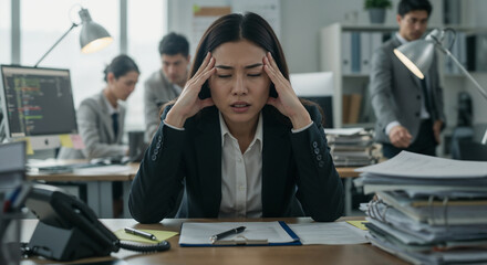 Asian Woman having a panic attack in the office