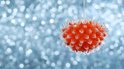 Hanging ornament with orange details in front of blue bokeh, for festive holiday decor use