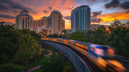 Sunset Cityscape with Monorail