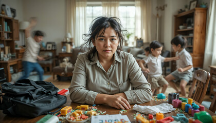 Stressed asian career mom trying to relax while children play around her