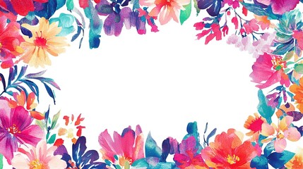 Watercolor frame with a colorful floral border on a white background, vibrant and eye-catching. graphic design, copy space for text or a logo