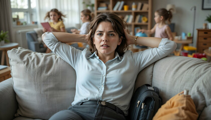 Stressed career mom trying to relax while children play around her