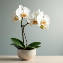 Obraz premium Large white orchid blooms in elegant ceramic pot, spring, potted plant, macro
