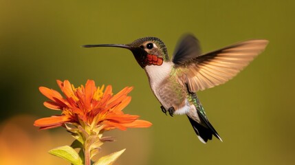 Fototapeta premium Colorful hummingbird hovering near vibrant flower, showcasing de