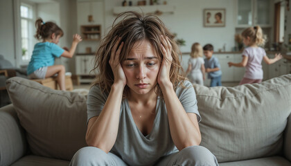 Overwhelmed young mother in a chaotic home environment