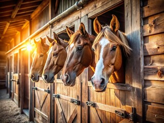 Majestic Horses Peering from Stable Doors - Aerial View