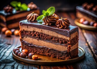 Decadent chocolate cake portrait: sweet treat, food photography perfection.