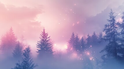 Fototapeta premium Foggy landscape with pastel trees and glowing light orbs delicate background wallpaper