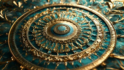 Naklejka premium Ornate gold circle pattern on teal background
