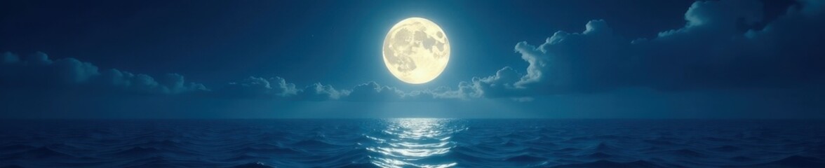 Radiant moonlight illuminates ocean's surface, full moon above , waves, still, peaceful