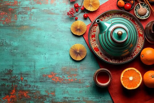 The flat lay for Chinese New Year includes a variety of items such as oranges, a red fan, a teapot, gold decorations, and red lanterns on a red background