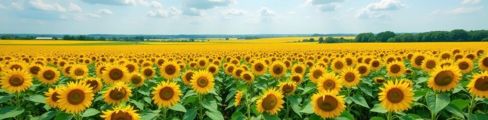 Obraz premium Rows of sunflowers blanket the land, creating a breathtaking panorama , vibrant, growing