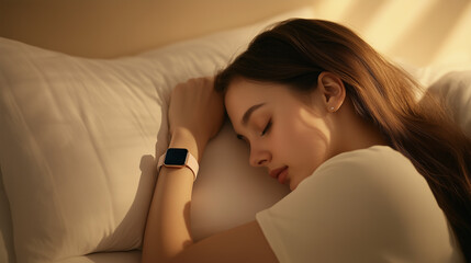 Peaceful woman sleeping with smartwatch on wrist in serene setting