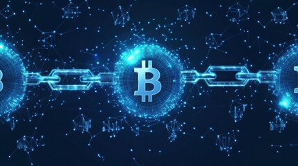 Show blockchain technology with a design of interconnected squares around a blue virtual spherical world icon. In some places there are also key and lock symbols signaling cybersecurity