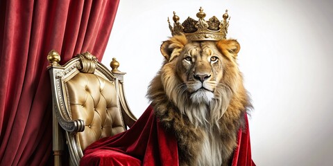 Majestic Lion King: Regal Throne, Red Cloak, Crown Stock Photo