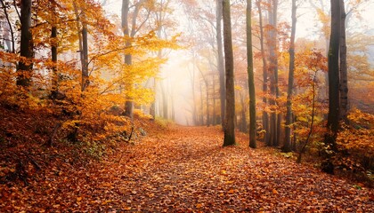 Fototapeta premium Autumn forest with golden and red leaves covering the ground, a misty path leading into the trees. The scene evokes a peaceful, tranquil atmosphere, capturing the essence of fall. 