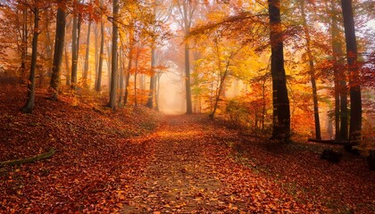 Fototapeta premium Autumn forest with golden and red leaves covering the ground, a misty path leading into the trees. The scene evokes a peaceful, tranquil atmosphere, capturing the essence of fall. 