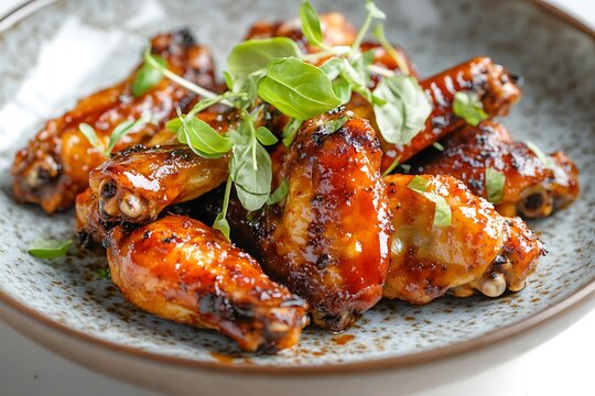 A blacA plate of chicken wings is artfully arranged on a light-colored surface
