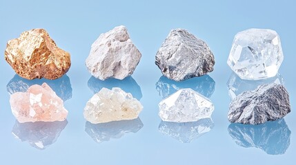 Naklejka premium Elemental Wealth Showcase, Various rare earth minerals arranged on a polished surface, highlighting their unique textures and colors, emphasizing the significance of natural resources.