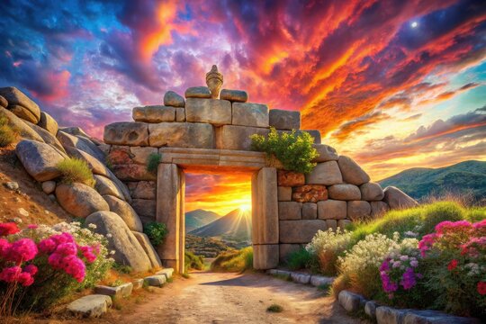 Surreal Mycenaean Lion Gate: Dreamlike Ancient Greece Ruins,  Mystical Stone Gate,  Fantasy Architecture,  Ancient Civilization