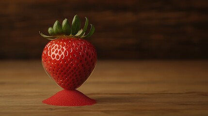 Strawberry balanced on red sand, on wood table, blurred brown background, for food concepts