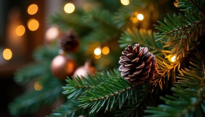 Traditional garland; warm lights, natural pine cones, classic greenery, woodland, photo