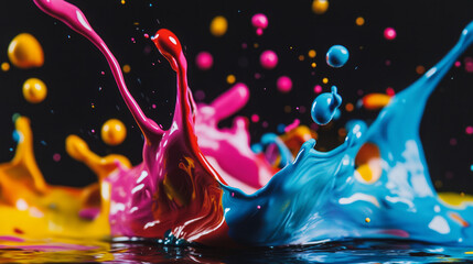 A high-speed close-up of colorful paint splashes colliding midair, captured in ultra-slow motion. Vibrant hues mix form abstract, fluid art patterns, creative explosion exploding artistic background