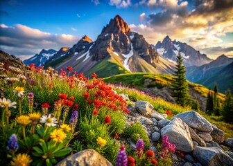 Majestic Mountain Peak Panorama: Close-up Macro View of Alpine Flora