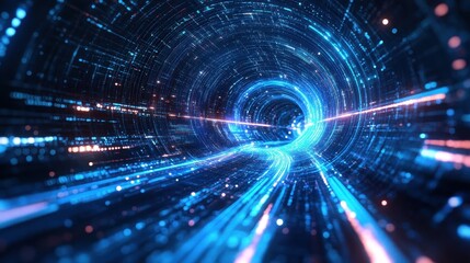 Obraz premium Abstract cyberpunk background with glowing ribbons and fluid motion in deep blue and violet