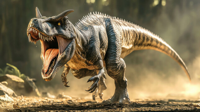 A fierce ceratosaurus roaring, its sharp horns and scaly texture catching the soft rim light, detailed reptilian features