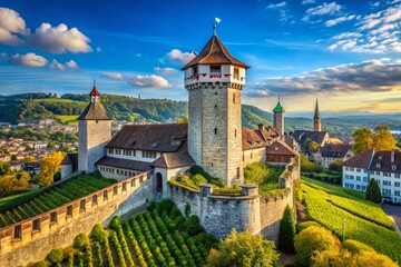 Fototapeta premium Majestic Munot Fortress Tower, Schaffhausen, Switzerland - Panoramic High-Resolution Stock Photo