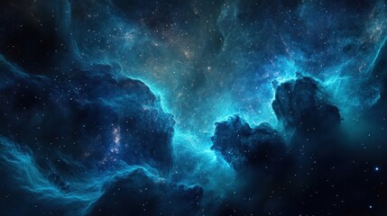 High-res cosmic wallpaper with glowing particles and swirling nebula mist in blue and teal