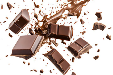 Delicious chocolate bar pieces falling into chocolate splash, cut out, on white or transparent background