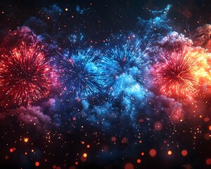 Fototapeta premium Vibrant Finale of Glowing Fireworks Exploding in Layers of Patriotic Colors for Ceremonial