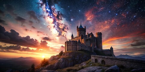 Fototapeta premium Majestic Old Castle Time-Lapse: Epic Sunset to Starry Night