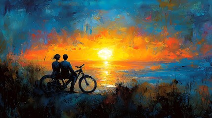 Obraz premium Sunset Couple Bike Coastal View