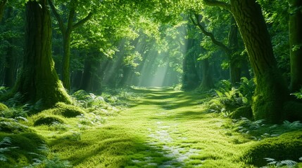 Sunlit Forest Trail: A serene pathway winds through a vibrant, lush forest, illuminated by the sun's rays filtering through the canopy, evoking a sense of peace and wonder.