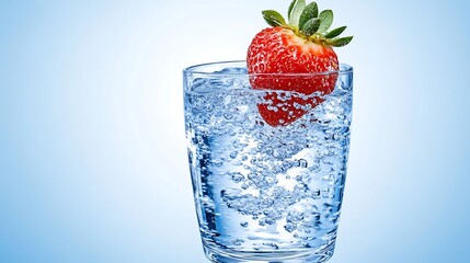 Strawberry dips into glass of bubbly water, blue background, healthy drink concept