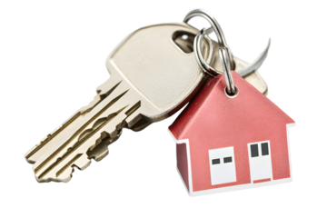 House keys with house shaped 2d keychain on white or transparent background