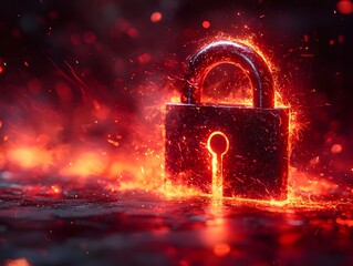 Broken Glowing Lock with Fiery Sparks   Fraud Intrusion in High Tech Cybersecurity Concept