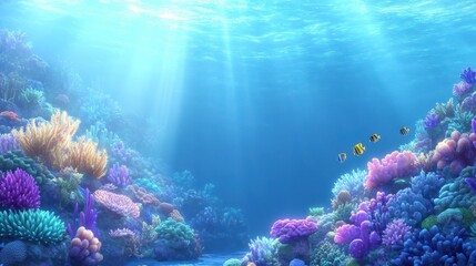 Naklejka premium Vibrant Underwater World: A mesmerizing underwater scene of a coral reef, illuminated by sunbeams and teeming with marine life, offers a glimpse into the ocean's beauty and serenity. 