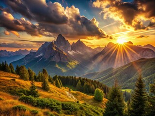 Obraz premium Golden hour paints a majestic mountain sunrise, its serene landscape breathtaking in the rule of thirds.